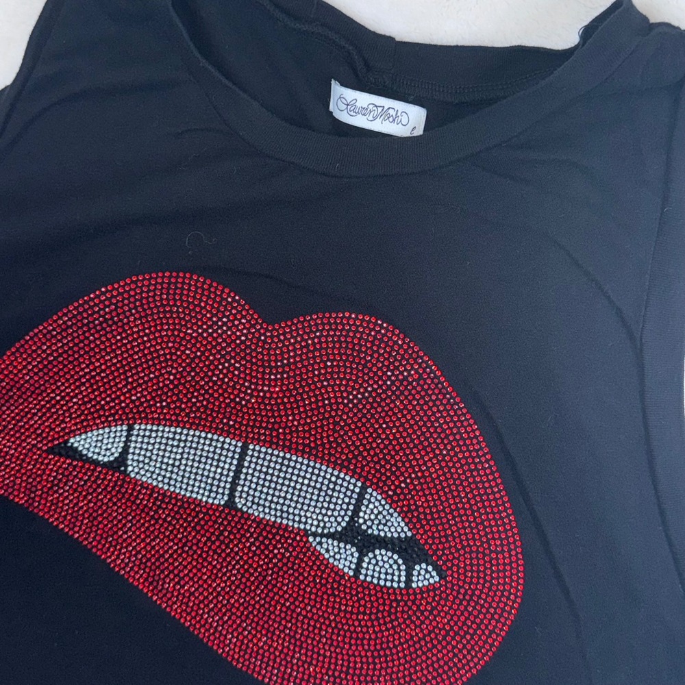 Lauren Moshi Black Tank with Red and Silver Rhinestone Lip Motif